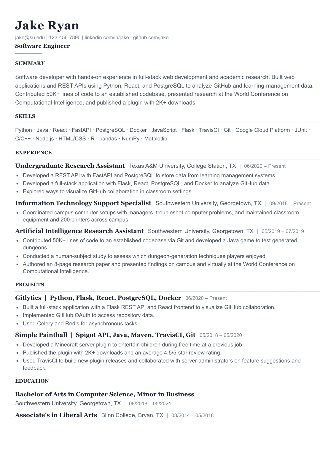 Executive resume example with a Software Engineer headline, focused summary, technical skills, and condensed support experience.