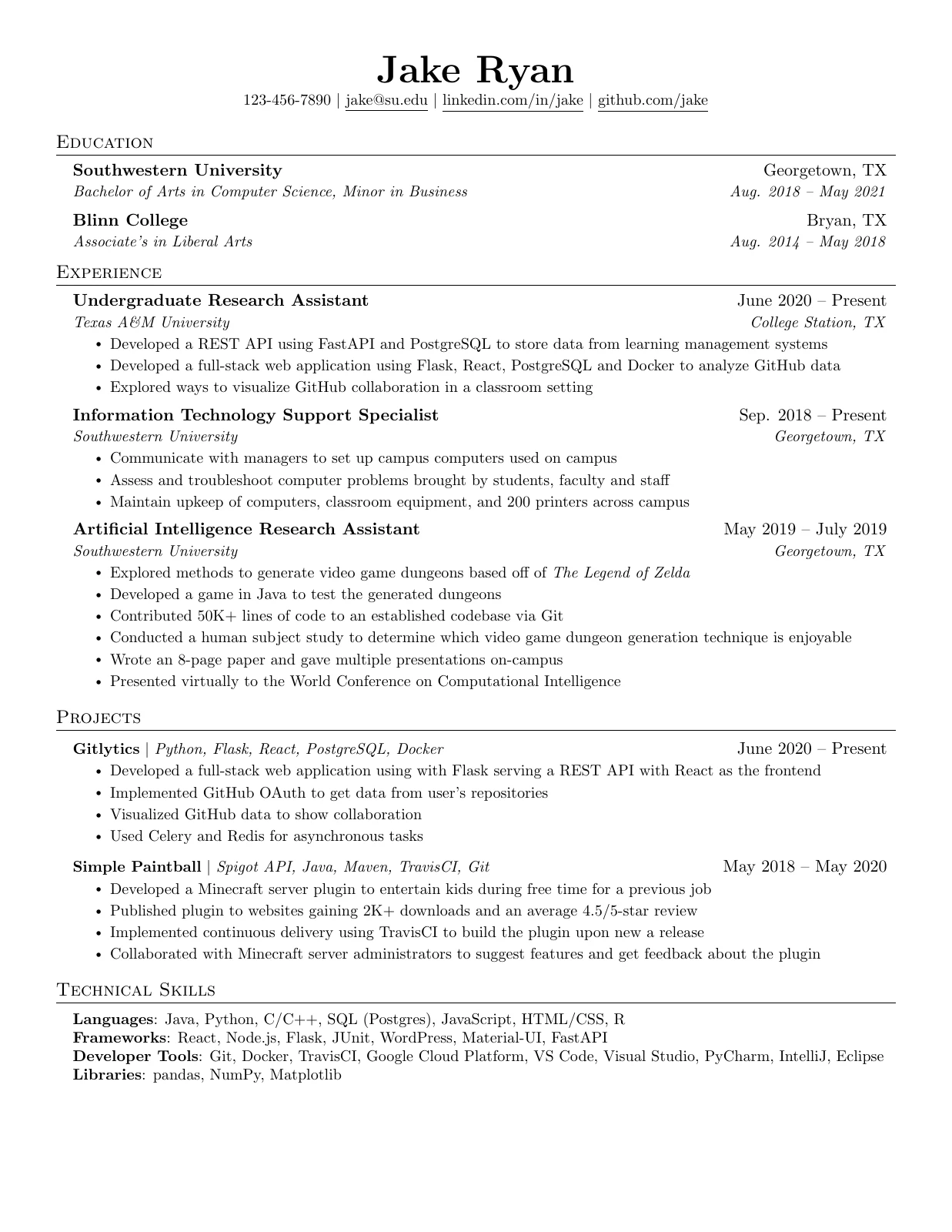 Original public sample resume with education first and detailed research, IT support, and project bullets.