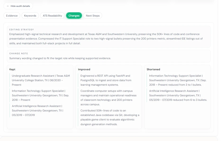 Sample tracked changes grouped into kept, improved, and shortened resume content.