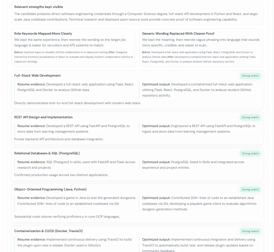Sample evidence review connecting full-stack development, REST APIs, and database skills to resume statements.