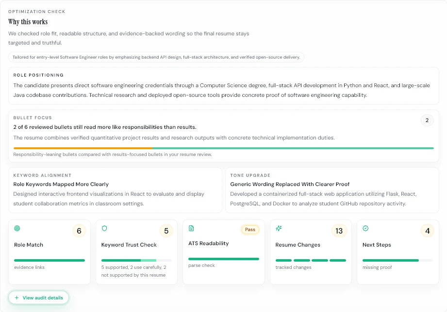 Sample review summary cards for Role Match, Keyword Trust Check, ATS Readability, Resume Changes, and Next Steps.